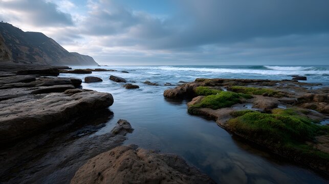 A serene coastal landscape at dusk featuring wet rocky shores calm tide pools and gentle ocean waves under a cloudy sky