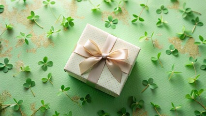 A gift wrapped in delicate pastel paper, adorned with a beige ribbon, rests amidst a scattering of shamrocks and golden flecks on a vibrant green background.