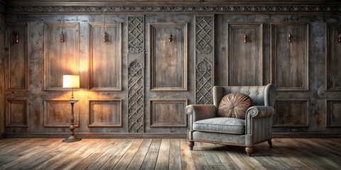Serene Interior Featuring a Comfortable Armchair Against a Richly Textured Wood-Paneled Wall, Illuminated by a Warm Floor Lamp