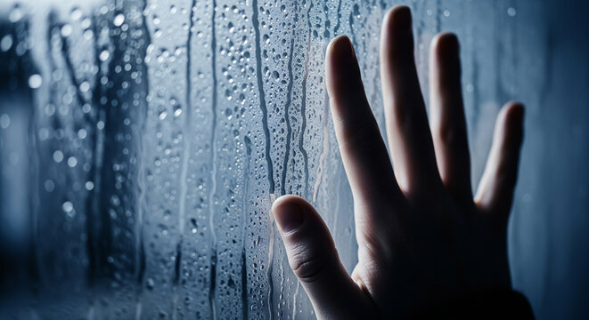 A close-up of a hand touching a window covered in raindrops, conveying a sense of loneliness, longing, or contemplation.