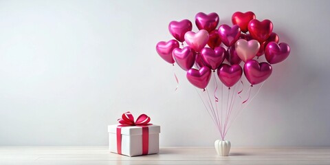 A Festive Arrangement of Heart-Shaped Balloons and a Gift Box on a Wooden Surface