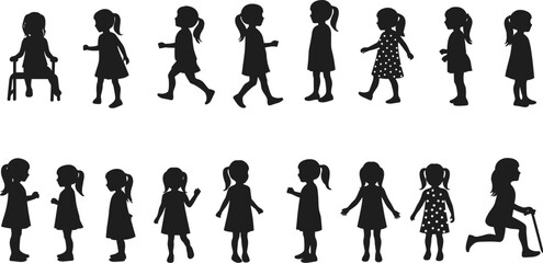 Child silhouette, girl poses, walking, sitting, standing, scooter ride, playful movement, posture study, childhood activity, rear view, profile view, gesture motion, polka dot dress, plain dress