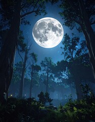 Full moon shining in a night forest