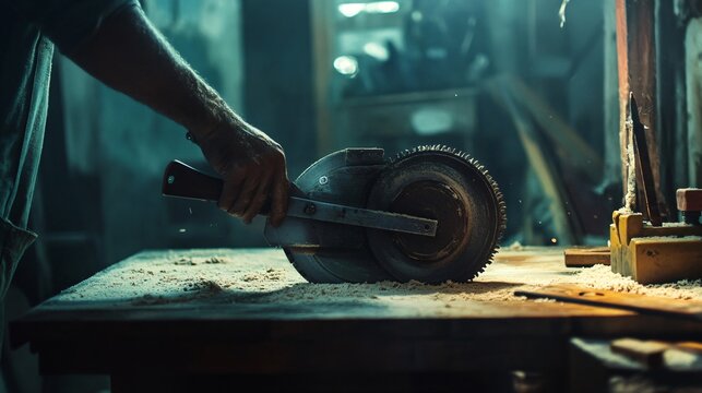 Skilled Indian Carpenter Operating Wood-Cutting Machine - Powered by Adobe