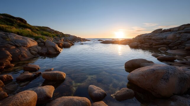Serene coastal landscape with tide pools rugged boulders and a warm sunset over the ocean - Powered by Adobe