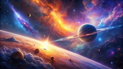A Majestic Ringed Planet Dominates a Vibrant Cosmic Landscape, Illuminated by a Fiery Nebula and Surrounded by Numerous Celestial Bodies in a Breathtaking Display of Interstellar Wonder