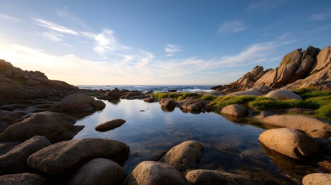 A serene coastal landscape featuring rugged boulders and reflective tide pools under a clear blue sky at sunset