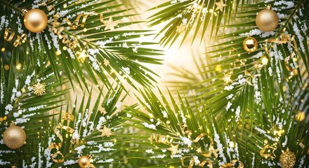 Tropical festive holiday scene with lush palm leaves, golden ornaments, sparkling snow, and shimmering lights creating a magical Christmas vibe