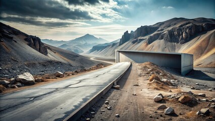 Asphalt Road Winding Through a Rugged Mountain Pass, Leading to a Modern Structure Under a Dramatic Sky