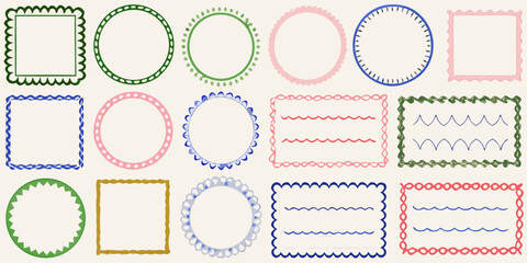 Collection of decorative hand drawn borders and frames in various shapes and colors