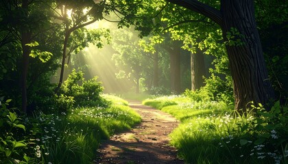 Obraz premium Forest path bathed in sunlight, lush greenery, and wildflowers on a bright summer day