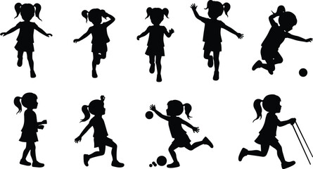 Children silhouettes playing, running, walking, jumping, active kids vector illustration, childhood motion, fun activities, outdoor movement, happy lifestyle