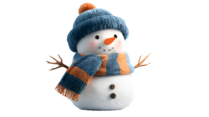 Festive 3-D snowman with scarf, carrot nose, and hat isolated on white background