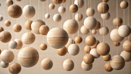 A suspended collection of light-hued wooden spheres, gently swaying, creates a calming and visually appealing aesthetic.