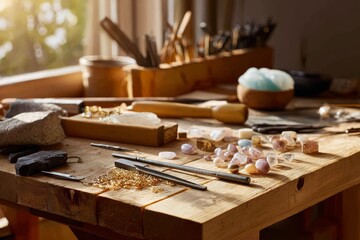 Wooden jeweler's bench adorned with precision tools, gemstones, and materials, showcasing the artistry of jewelry making in a well-lit workspace with natural ambiance