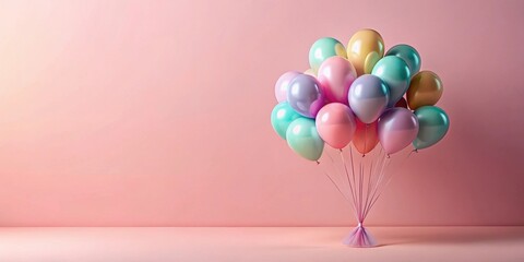 A cluster of pastel-colored balloons tied together, rests on a pale pink surface against a soft pink background. The balloons appear light and airy, creating a joyful and celebratory atmosphere.