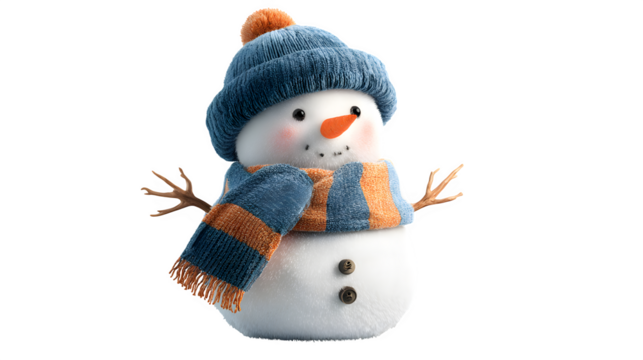 Festive 3-D snowman with scarf, carrot nose, and hat isolated on white background - Powered by Adobe