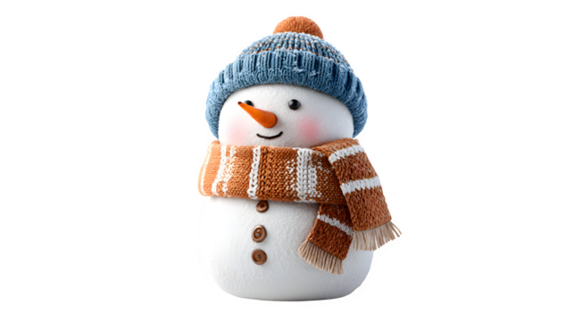 Festive 3-D snowman with scarf, carrot nose, and hat isolated on white background