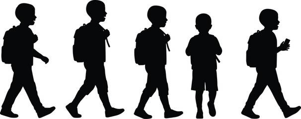 Children, walking, backpacks, silhouette, school, motion, smartphone, education, routine, youth, modern, lifestyle, students, journey, childhood, posture, black, white