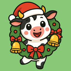 A cute cartoon baby cow wearing a santa hat and holding a festive christmas wreath with golden bells and bows.