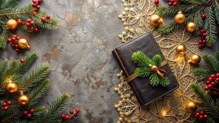 A Festive Composition Featuring a Wrapped Gift, Evergreen Branches, and Gold Ornaments