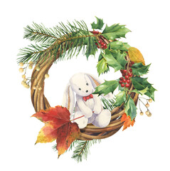 Watercolor New Year's wreath with a toy hare