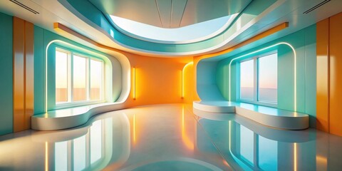 Modern interior design with vibrant teal and orange walls, sleek curved seating, and large windows offering a scenic view.