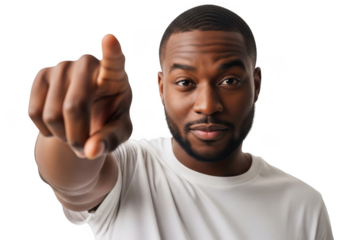 Man pointing finger forward engaging direct eye contact in studio portrait transparent background