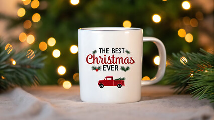 White ceramic mug with the best christmas ever text and red truck graphic on a festive blurred background with christmas tree and lights