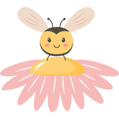 Cute cartoon bee with large pink flower petals and yellow center against a white background illustration