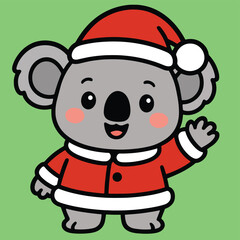 Cute cartoon koala bear character wearing a festive santa claus hat and red suit, waving hello, with a happy expression for holiday designs.