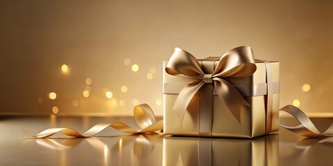 A Luxurious Golden Gift Box with a Delicate Satin Ribbon, Set Against a Shimmering Background