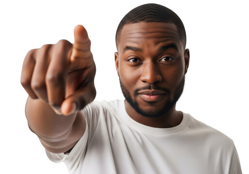 Man pointing finger forward engaging direct eye contact in studio portrait transparent background