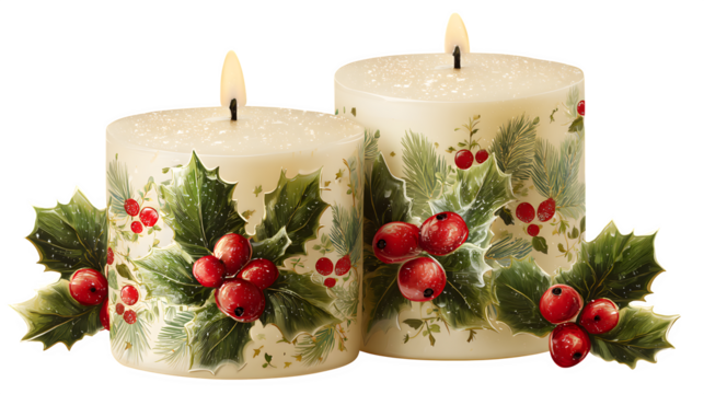 Festive Christmas candles decorated with holly and berries isolated on white background