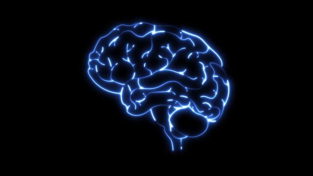 Glowing Neon Brain Organ Icon, Futuristic Digital Design Symbol of Intelligence and Mind brain medicine memory. Medical futuristic technology of the neon lines drawing a man brain on black background.