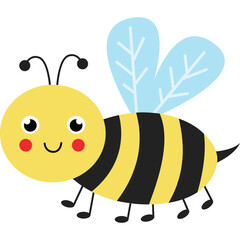 Cute cartoon bee with yellow and black stripes and light blue translucent wings on a transparent background