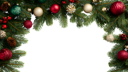 Festive Christmas frame made of fir boughs and ornaments isolated on white background