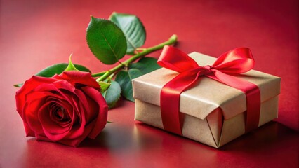 A single red rose and a gift wrapped in brown paper with a red ribbon, a romantic gesture of love and affection on a rich red background