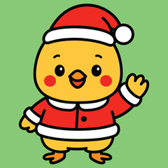 Cute cartoon chick in santa costume waving, perfect for christmas, holiday, and festive season designs.