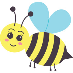Cute cartoon bee with yellow and black stripes and light blue wings smiling with rosy cheeks and large eyes isolated on a white background