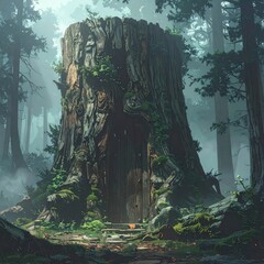 Enigmatic tree stump entrance in forest