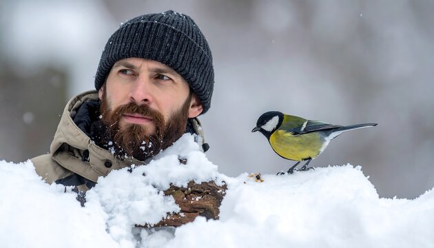 Man in winter attire observing a great tit bird perched on snow.