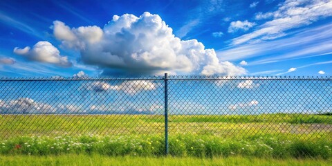 Fototapeta premium Chain link fence against a vibrant summer sky with fluffy clouds and a meadow beyond