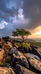 Dramatic sky over rocky landscape