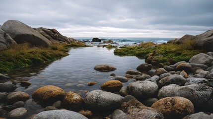 A serene rocky shoreline with tide pools reflecting the overcast sky