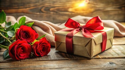 Romantic Gift Presentation with Red Roses and Wrapped Present on Wooden Surface