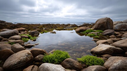 Rocky shoreline with a tranquil tide pool reflecting the overcast sky and distant sea