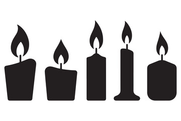 Candle group silhouette icon set with burning wax candles and flame light on white background illustration
