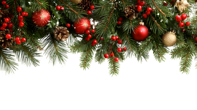 Festive Christmas frame with pine branches, red berries, and ornaments isolated on white background