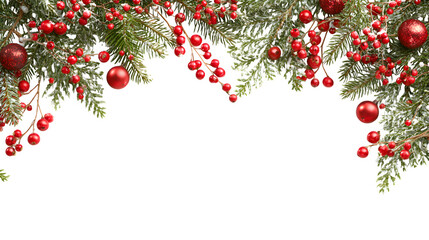 Festive Christmas frame with pine branches, red berries, and ornaments isolated on white background